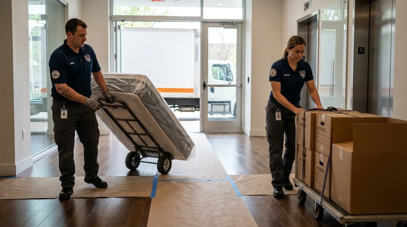 Professional apartment movers loading elevator in Martin, SD